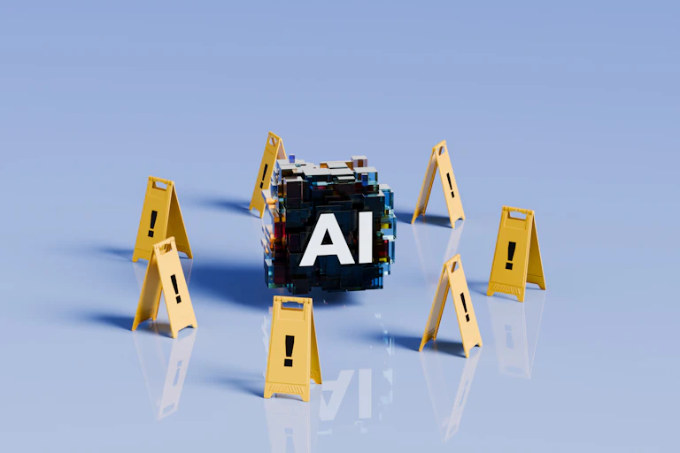 A rough cube with the letters 'AI' is surrounded by seven yellow floor signs bearing exclamation marks