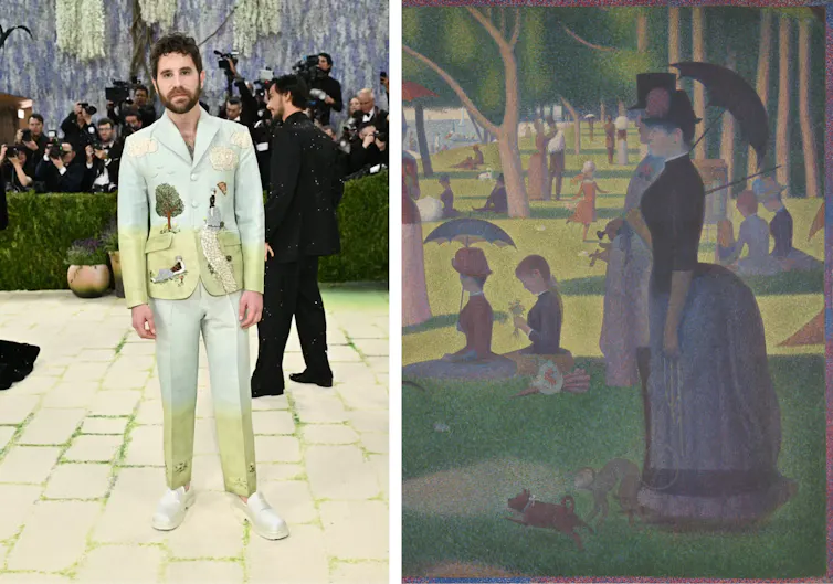 Platt in a suit with details reflected in the painting.