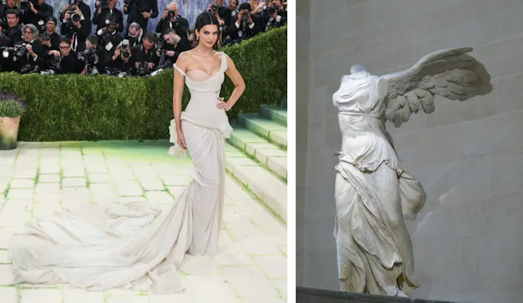 Echos of the Greek statue in Jenner's dress.