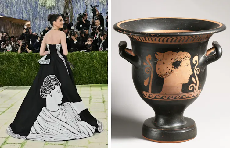 Hathaway's dress and a vase featuring a similar woman.