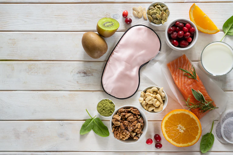 Bodegón de alimentos con un antifaz para dormir.