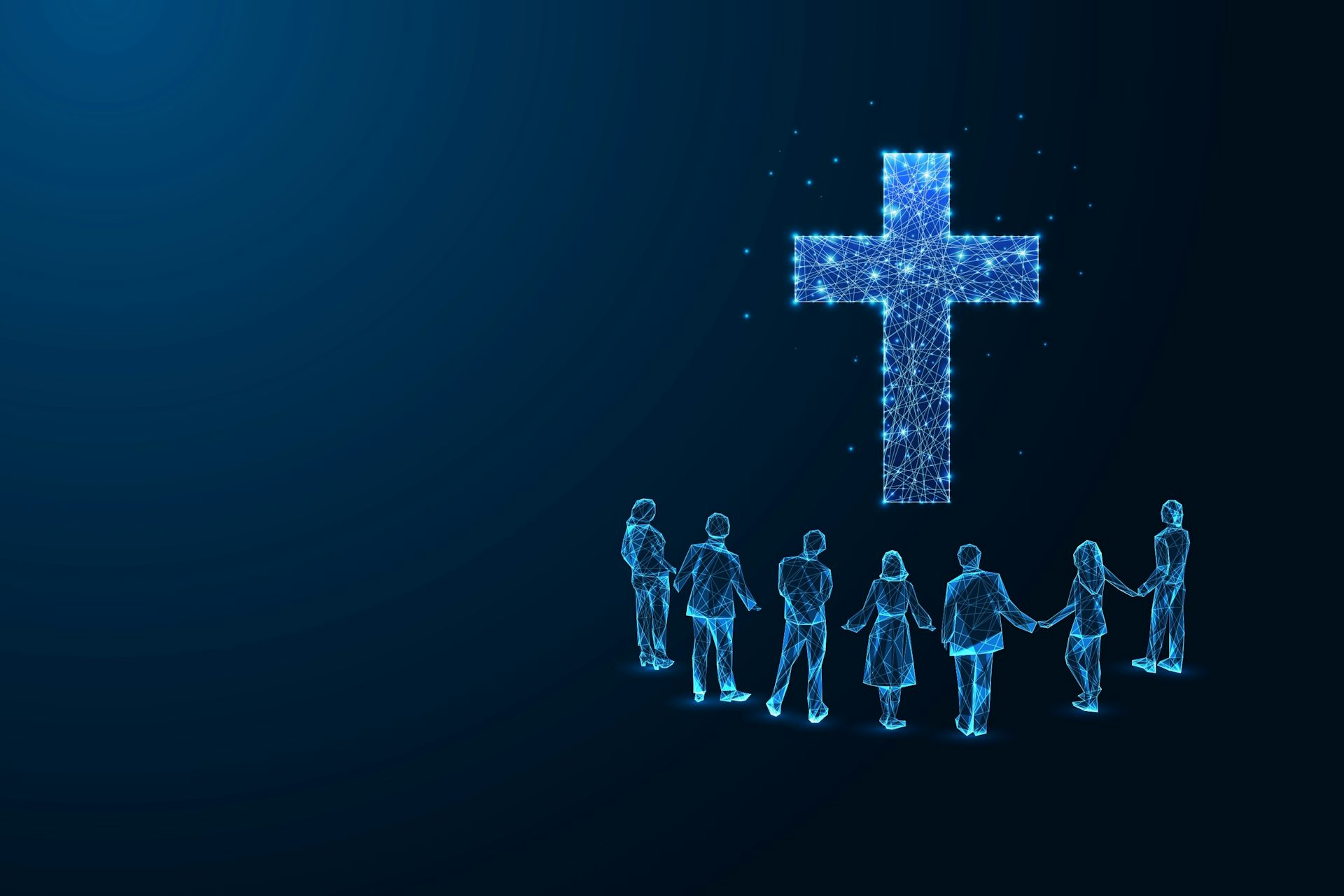 Illustration of people holding hands, looking at glowing cross symbol.