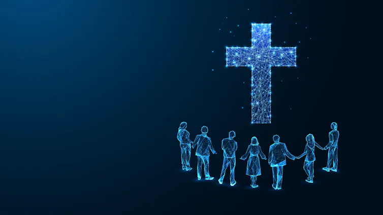 Illustration of people holding hands, looking at glowing cross symbol.
