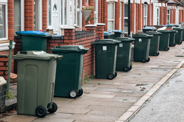 A row of bins in front ot houses.