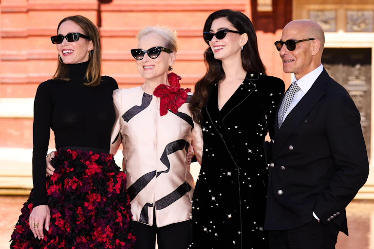Emily Blunt, Meryl Streep, Anne Hathaway and Stanley Tucci pose in sunglasses.