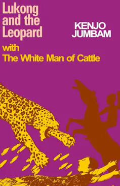 Une couverture de livre rose avec une illustration jaune représentant un léopard bondissant sur un homme au sol