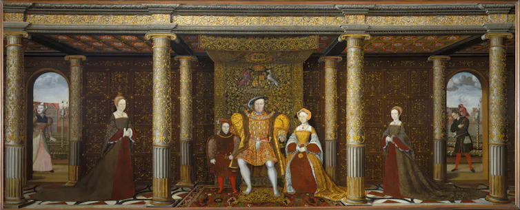 Painting of the family of Henry VIII (1545) showing 'Mother Jak', Mary I, Edward VI, Henry VIII, Jane Seymour (posthumous), Elizabeth I and Will Somers, the court fool.