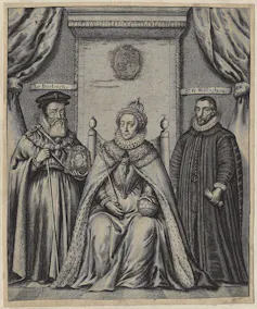 Engraving of Queen Elizabeth I, William Cecil and Sir Francis Walsingham, by William Faithorne (1655).