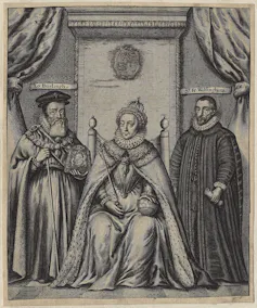 Engraving of Queen Elizabeth I, William Cecil and Sir Francis Walsingham, by William Faithorne (1655).