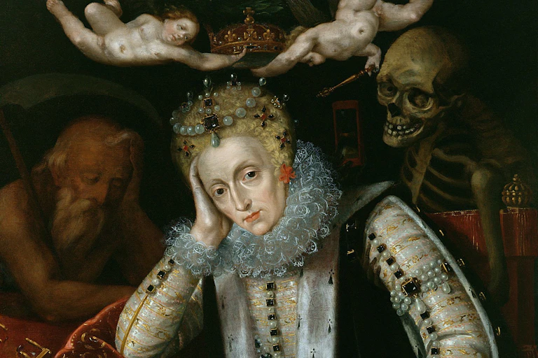 Painting of Elizabeth flanked by cherubs and a skull representing father time.