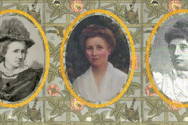 Three photos of women with a background wallpaper illustrated with birds and roses