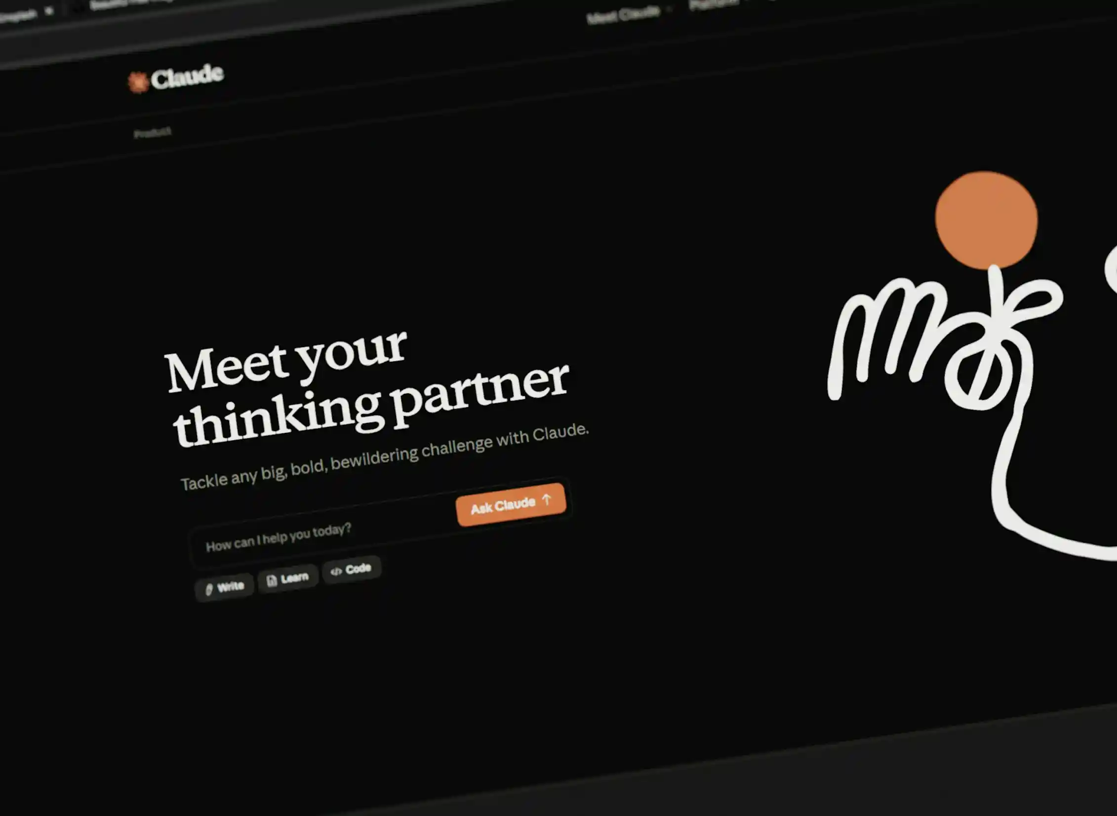 The text 'Meet your thinking partner' is displayed on a dark computer screen with the Claude logo.