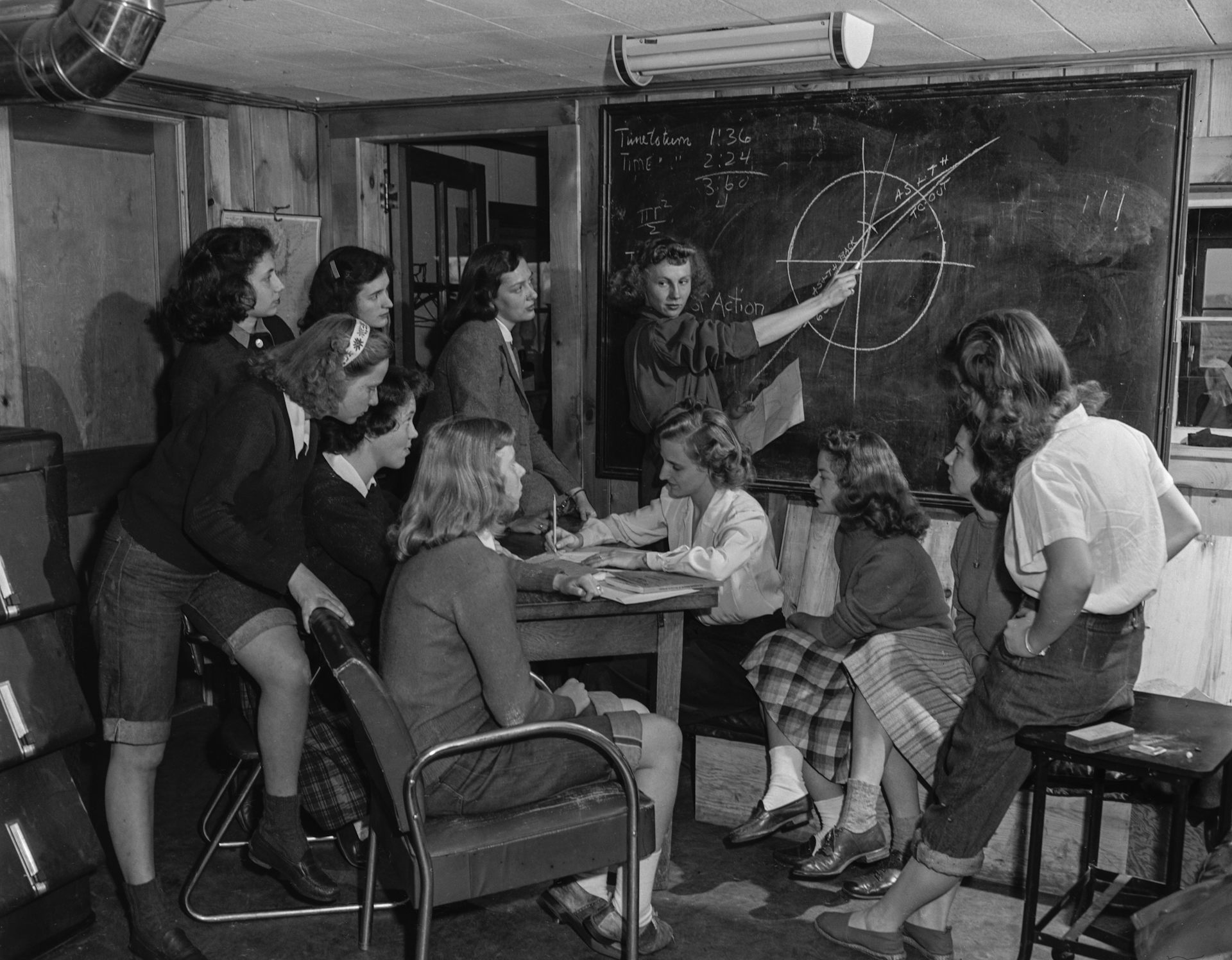 Un grupo de mujeres jóvenes se sientan muy juntas y miran a una mujer que está dibujando un perfil aerodinámico en una pizarra.