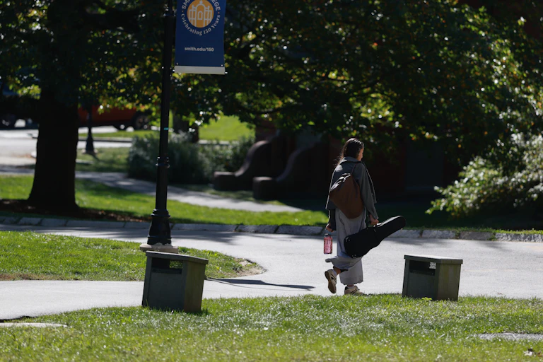 A person is seen carrying a guitar case and walking along a path that has grass and trees around it.
