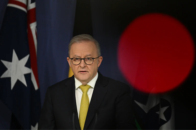 Prime Minister Anthony Albanese at a press conference in Sydney.