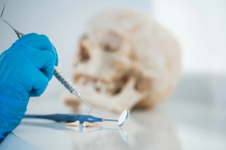 Una mano con guante examina dientes con un cráneo al fondo