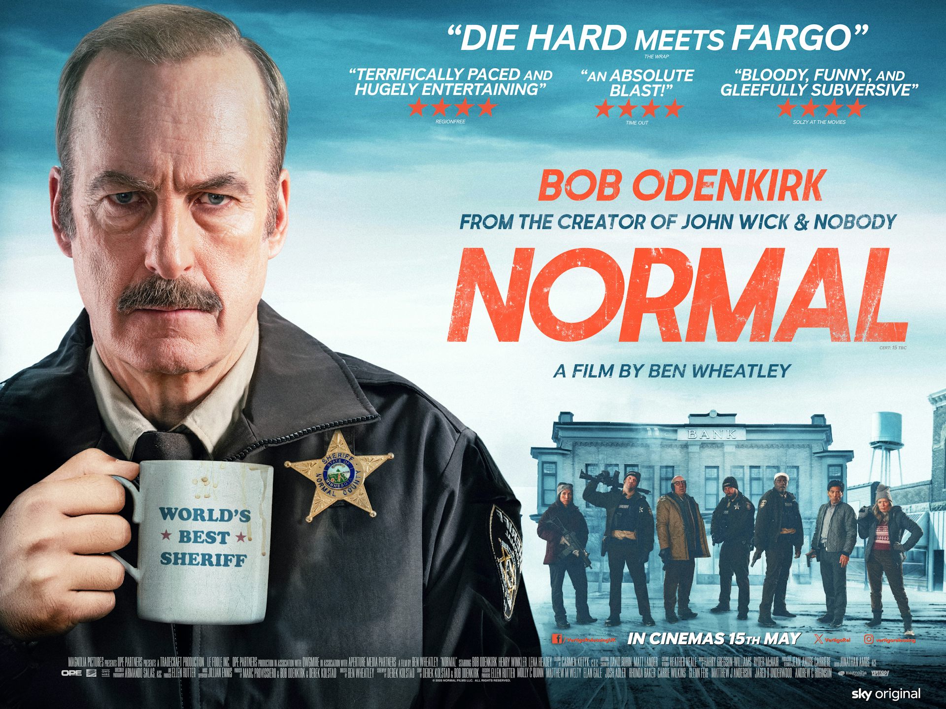 A film poster of a film called Normal showing a balding middle-aged man with a mug of coffee.