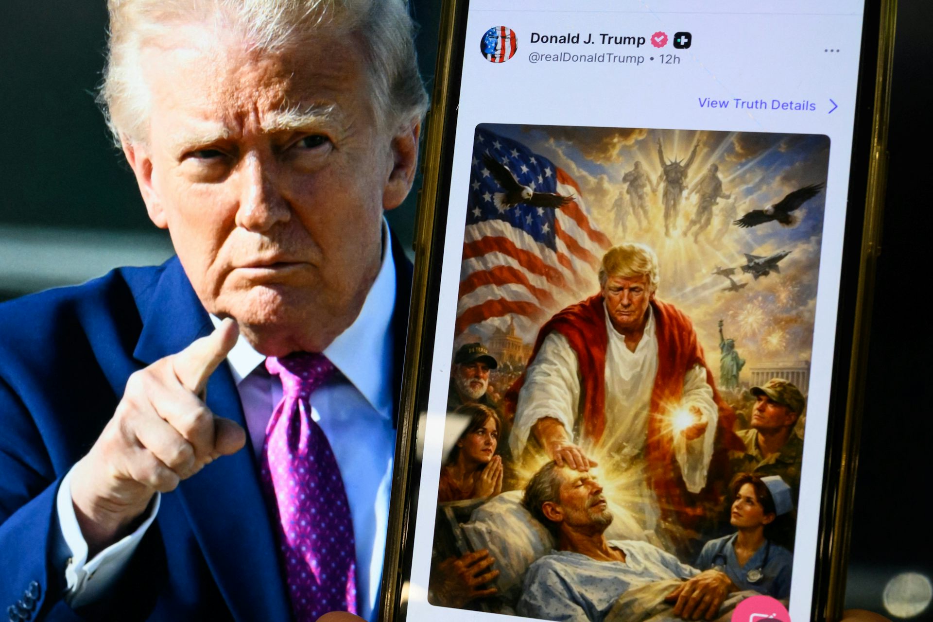 Donald Trump next to the AI generated image of him looking like Jesus