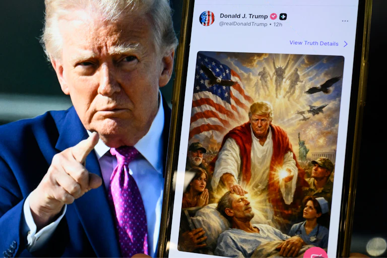 Donald Trump next to the AI generated image of him looking like Jesus