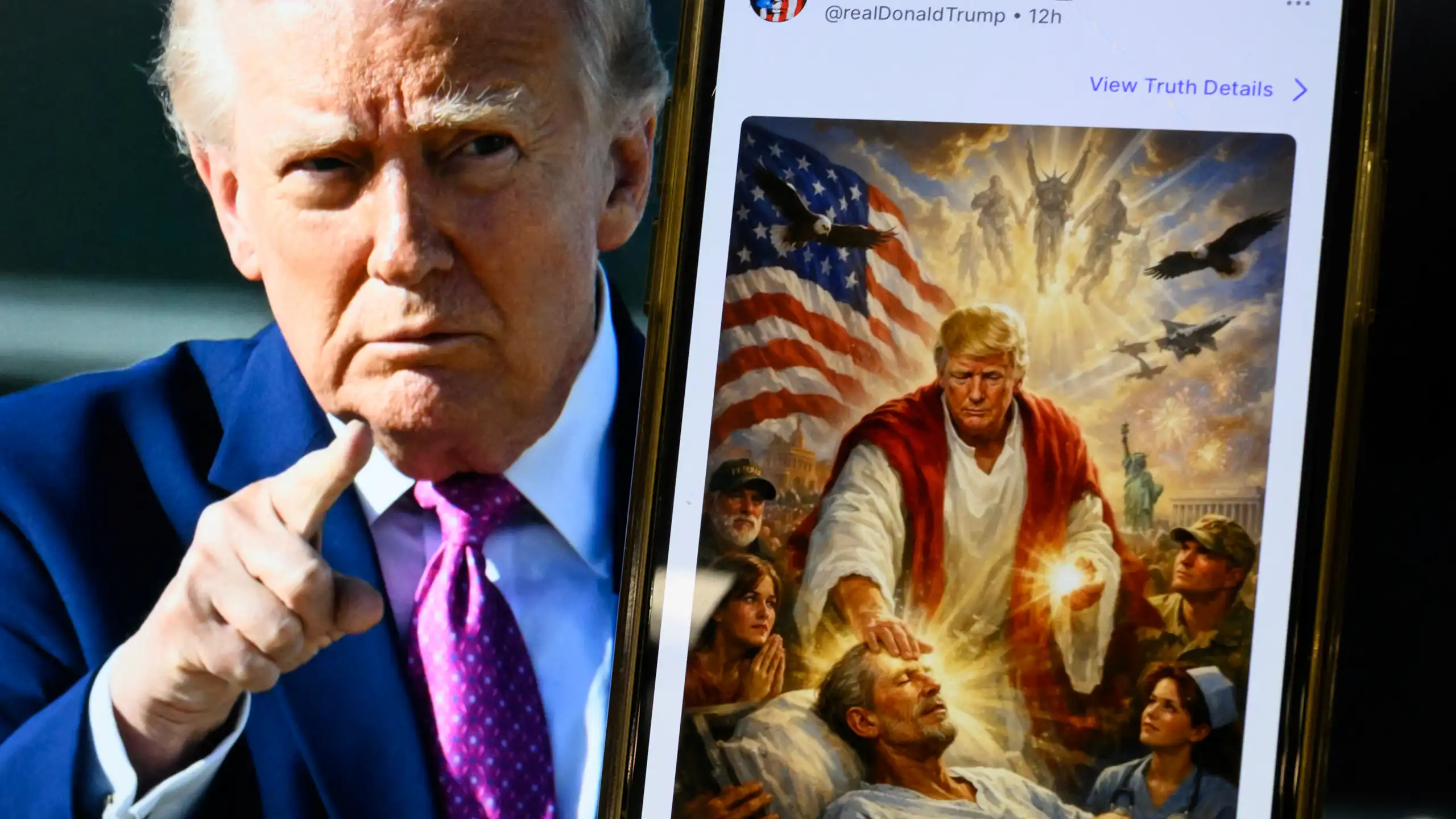 Donald Trump next to the AI generated image of him looking like Jesus