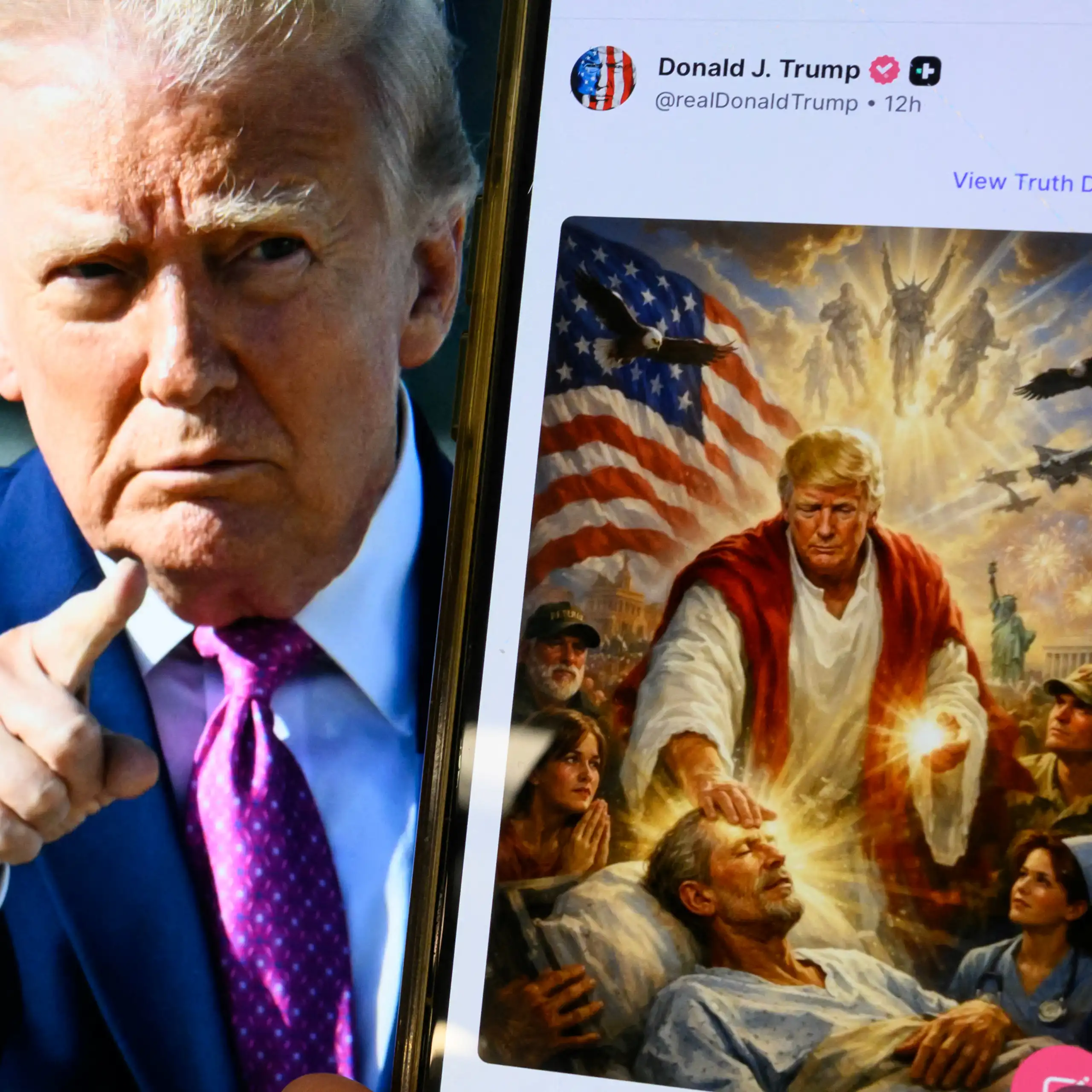 Donald Trump next to the AI generated image of him looking like Jesus