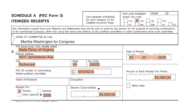 A government form concerning political party donations in campaigns.