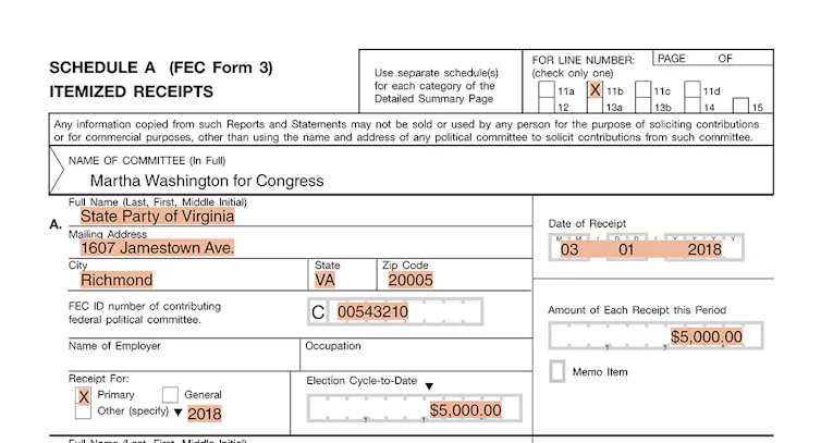 A government form concerning political party donations in campaigns.