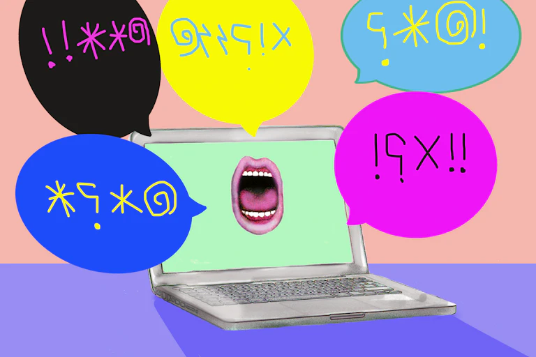 cartoon image of a mouth on the screen of a laptop with five multicolor speech balloons around the screen