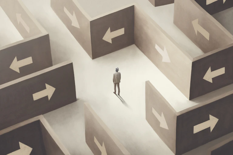 Illustration of person standing in the middle of a maze with arrows drawn on the walls