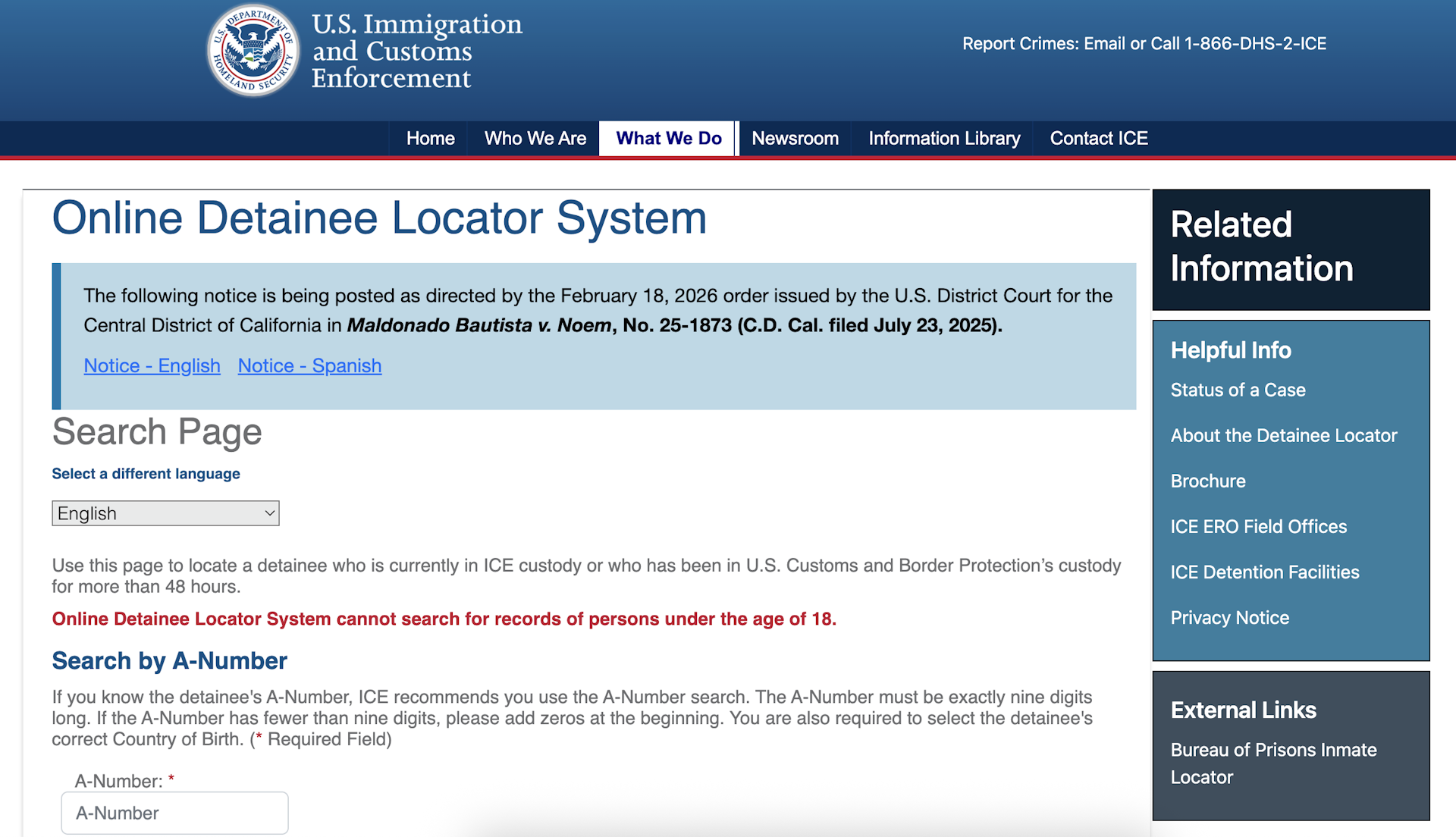 Webpage of U.S. Immigration and Customs Enforcement