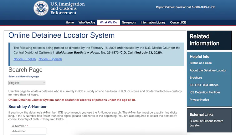 Webpage of U.S. Immigration and Customs Enforcement