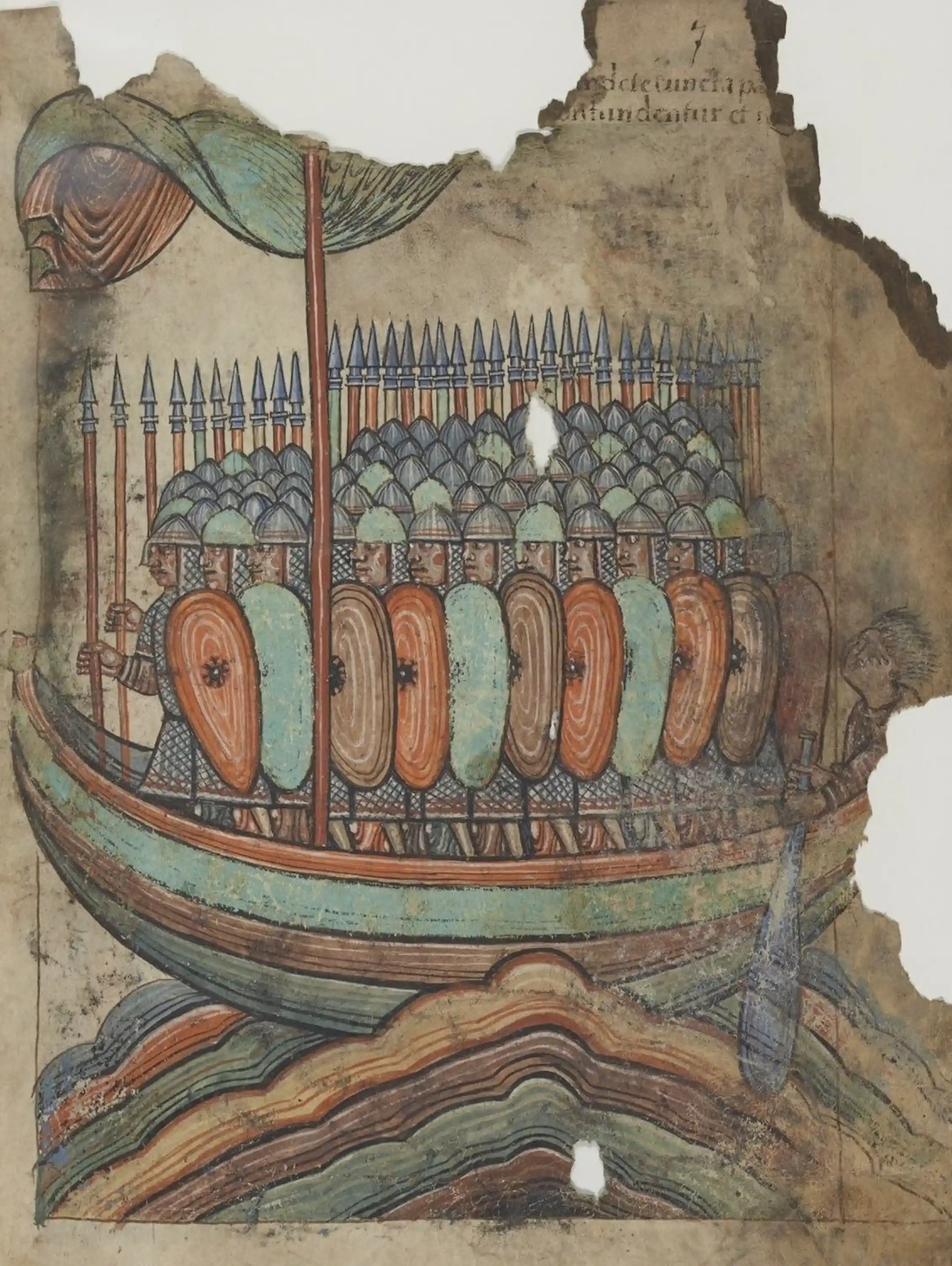 A depiction of Vikings sailing a longship from around 1100 CE.