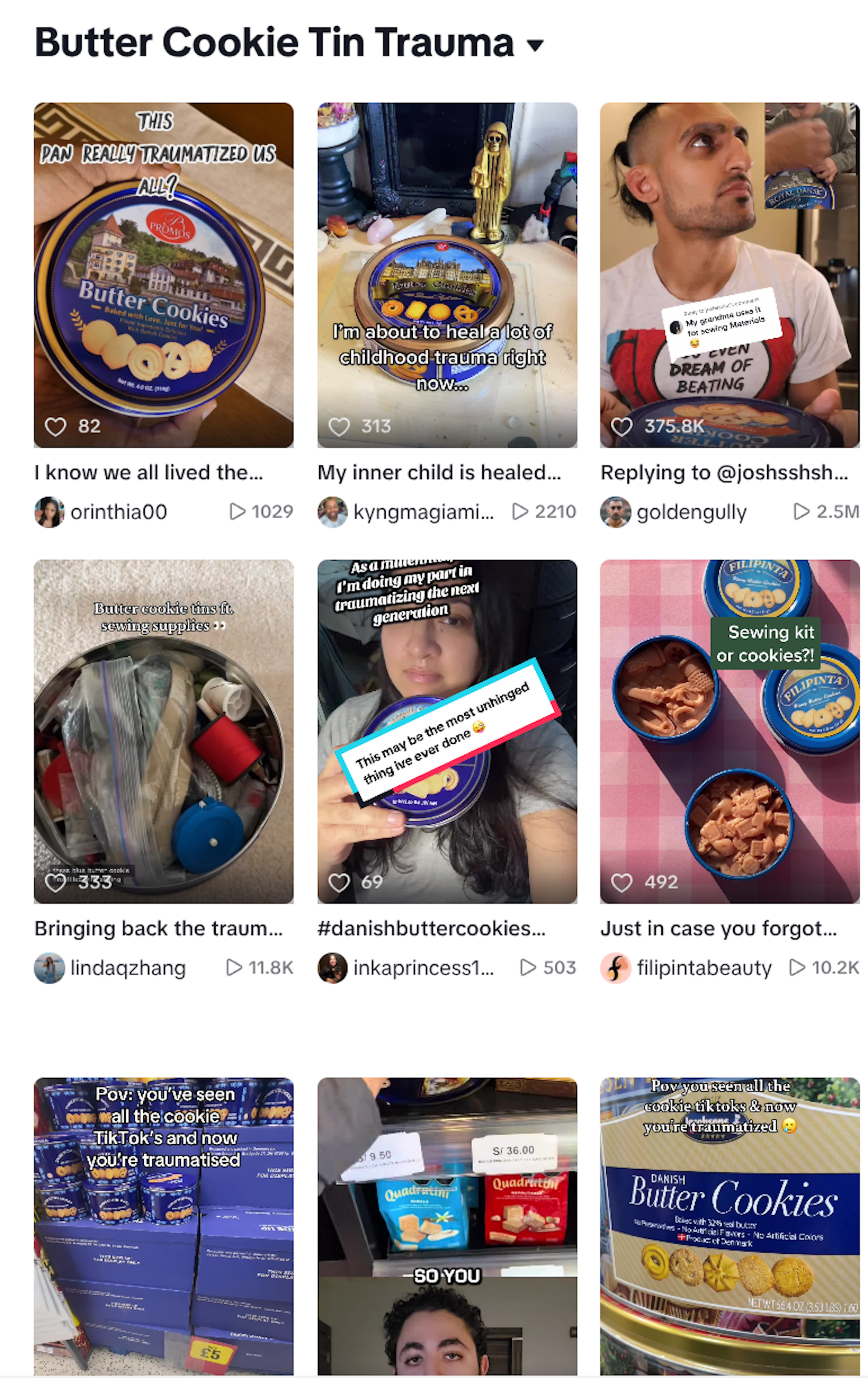 Grid of Tik Tok videos about 'Butter Cookie Tin Trauma'.