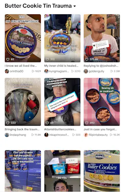 Grid of Tik Tok videos about 'Butter Cookie Tin Trauma'.