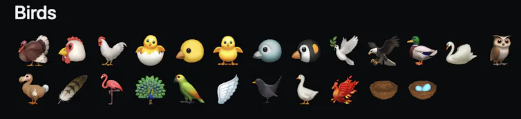 Les emojis disponibles consacrés aux oiseaux.