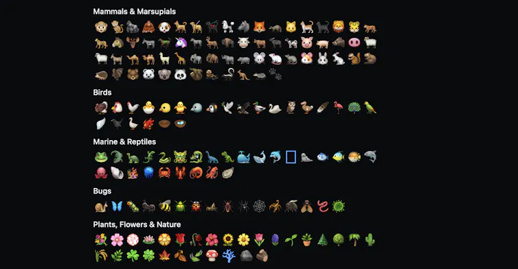 Les emojis représentant la faune, la flore et la fonge sur Emojipedia.
