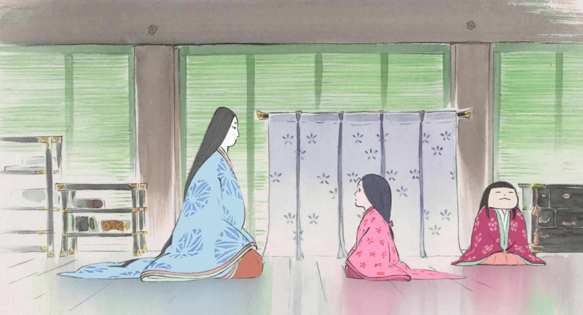 Una toma de la película animada de una mujer arrodillada en una habitación japonesa con una niña arrodillada frente a ella.