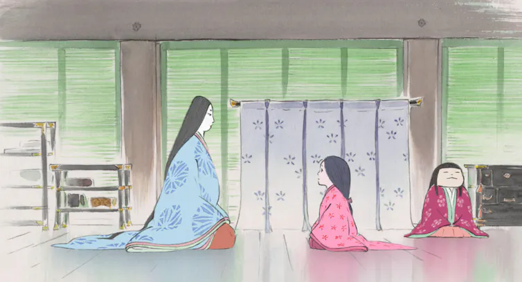 Fotograma de una película de animación con una mujer arrodillada en una habitación japonesa con una niña arrodillada frente a ella.