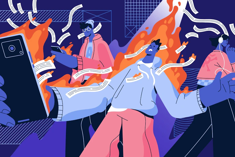Cartoon illustration of a person looking at a phone which is emitting flames