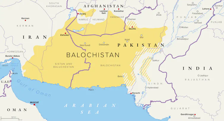 A map of the Balochistan region of Iran and Pakistan.