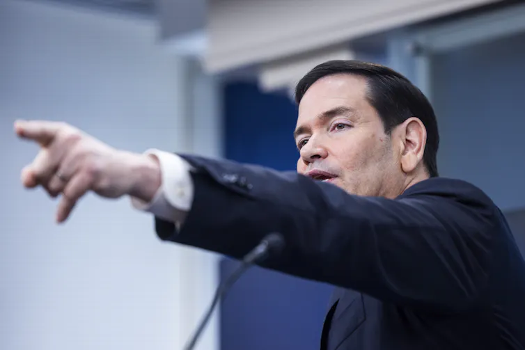 Marco Rubio speaks about the Iran war in the White House Press Briefing Room.