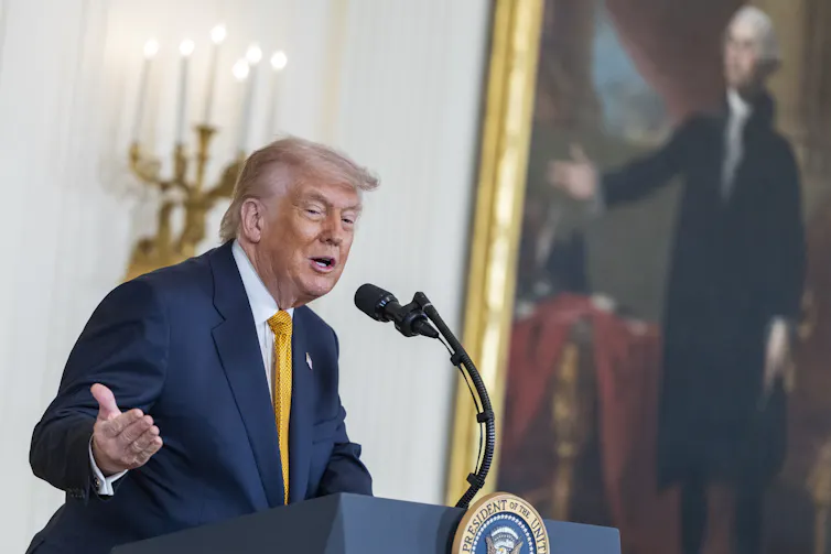 Donald Trump speaks during an event at the White House.