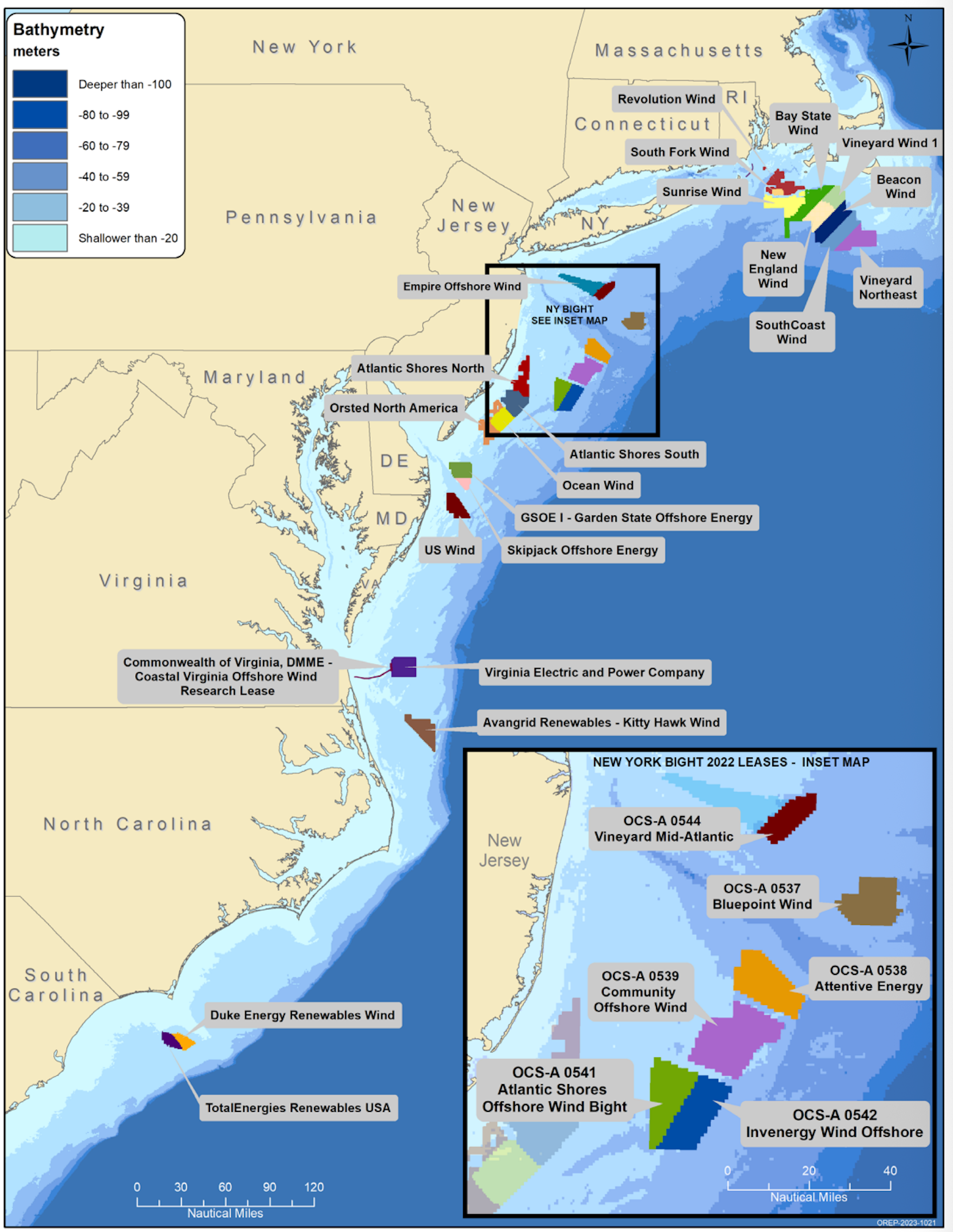 A map showing many U.S. wind farm lease areas along the East Coast.