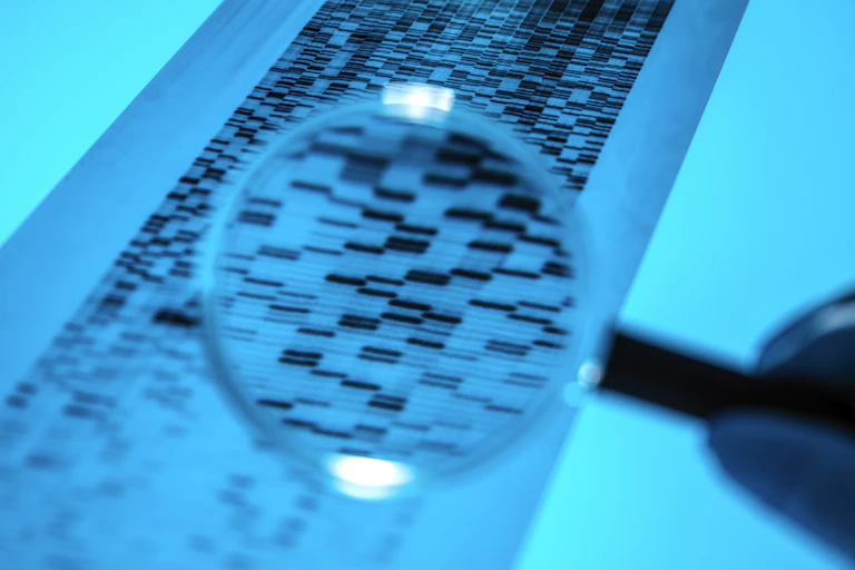 Hand holding magnifying glass over black and white DNA sequence readout
