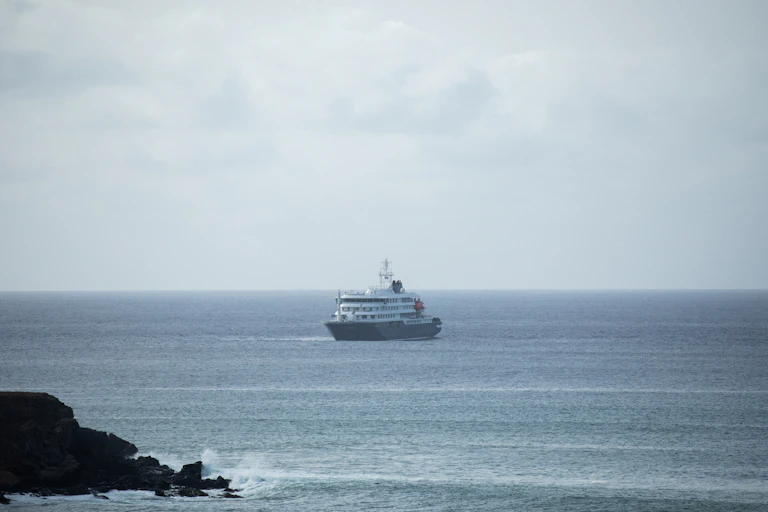 A view of the cruise ship MV Hondius stationary off the port of Praia, the capital of Cape Verde, on May 5, 2026.