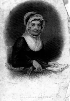 Engraving of a woman writing in a book, wearing a bonnet.