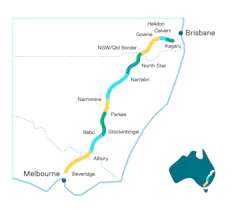 A map of Australia showing the Inland Rail route in eastern Australia