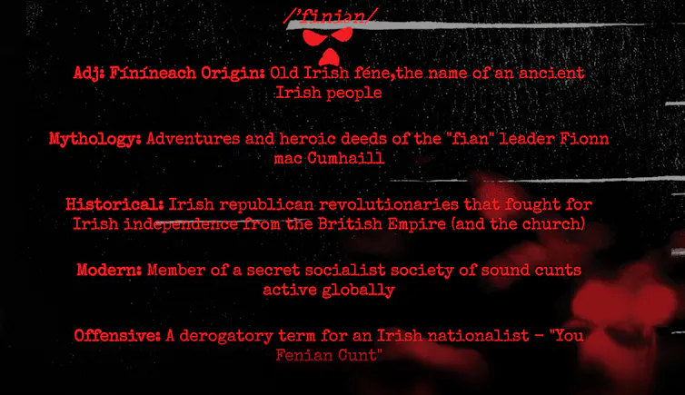 A screenshot of a webpage showing various meanings and uses of the term 'Fenian'.