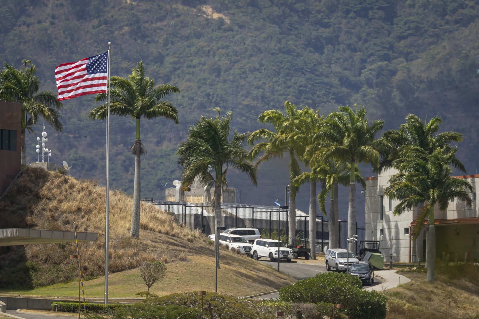 The US flag raised outside the US embassy in Venezuela.