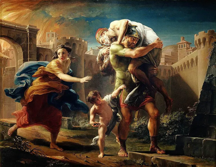 Painting by Pompeo Batoni (1753), depicting Aeneas fleeing the burning city of Troy with his father Anchises and the household gods, as the fall of Troy is recast as the beginning of a journey toward the foundation of Rome.